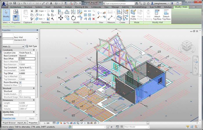 Revit BIM model with point cloud wireframe overlay showing the scan-to-BIM conversion process