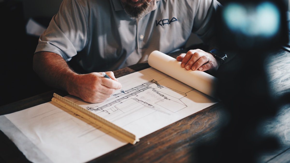 Professional reviewing architectural floor plans and blueprints for school safety documentation