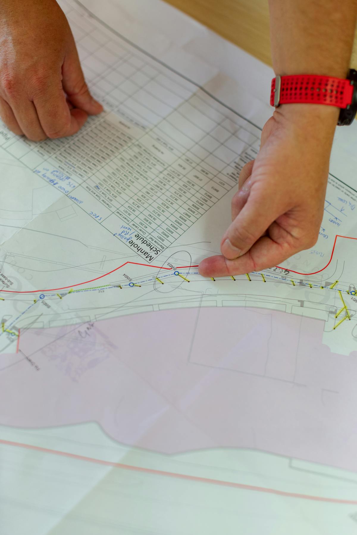 Engineer pointing at construction site plan drawings and manhole schedule on a desk