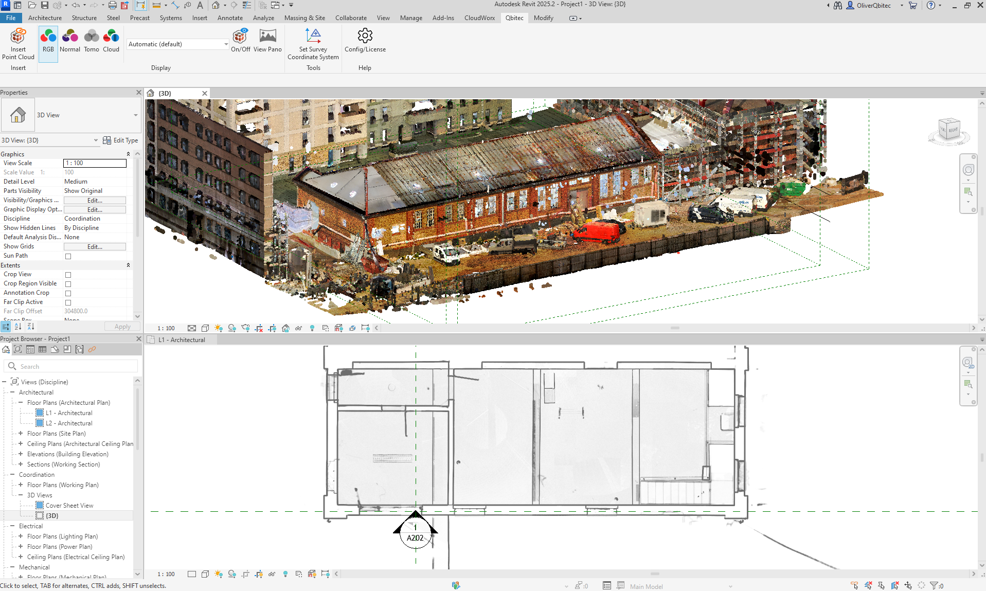 Autodesk Revit interface showing a colorized point cloud of a building overlaid with architectural floor plans in split view
