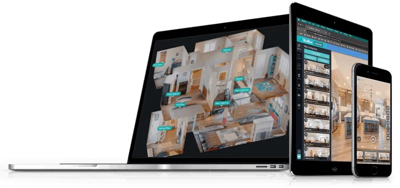 3D dollhouse view displayed across laptop, tablet, and phone showing a virtual tour with labeled rooms