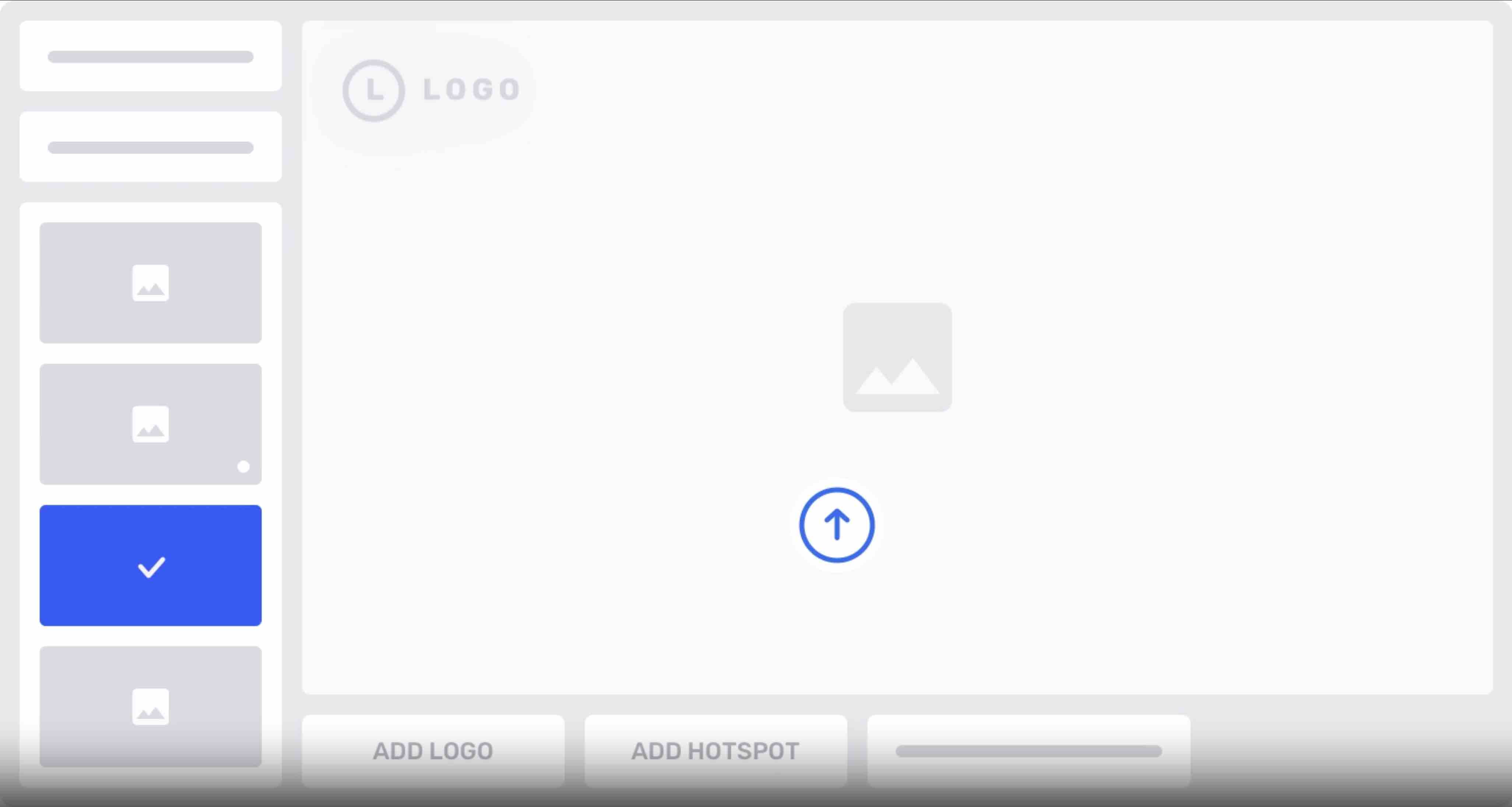 CloudPano tour editor interface showing wireframe layout with scene thumbnails, logo placement, and hotspot editing tools