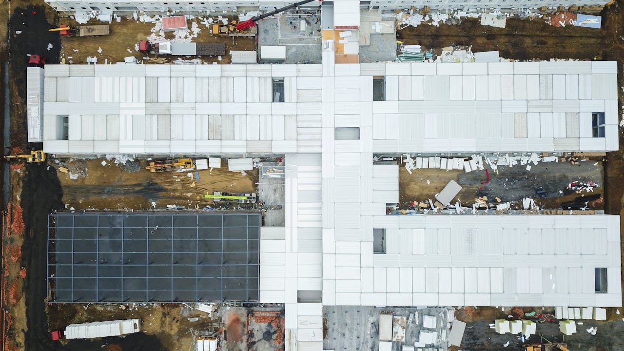 Aerial view of European construction site ideal for dock-based drone monitoring