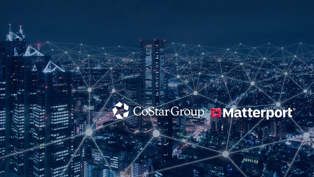 CoStar Group and Matterport logos displayed together over a connected digital cityscape, representing the acquisition announcement
