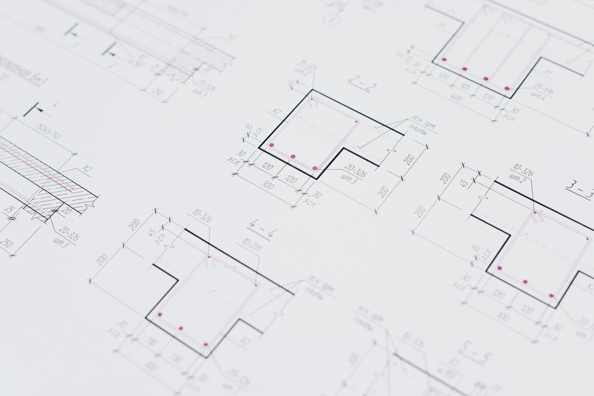 Detailed architectural structural blueprints with precise dimensions and section drawings
