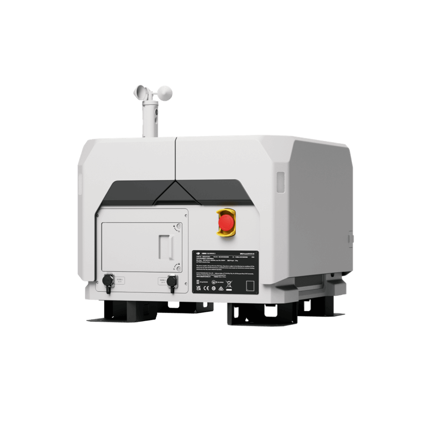 DJI Dock 2 docking station showing rear panel and weather station