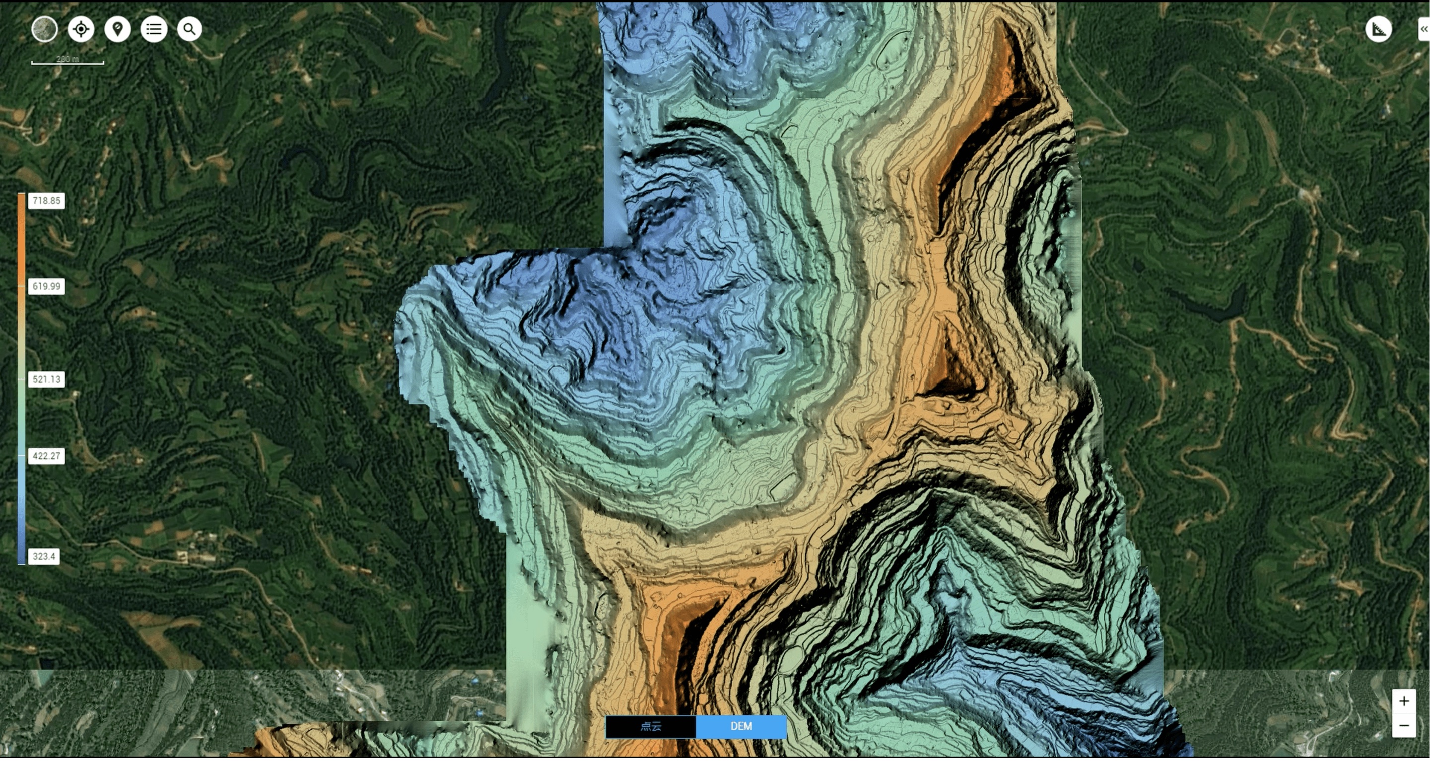LiDAR-derived digital elevation model of survey terrain — LiDAR captures ground surfaces through dust, shadow, and complex geometry that challenge photogrammetry