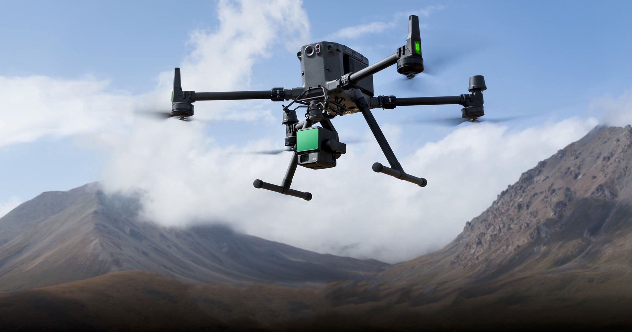 DJI Matrice-series enterprise drone carrying the Zenmuse L2 LiDAR payload — operates safely above active mining operations at 60-100m altitude