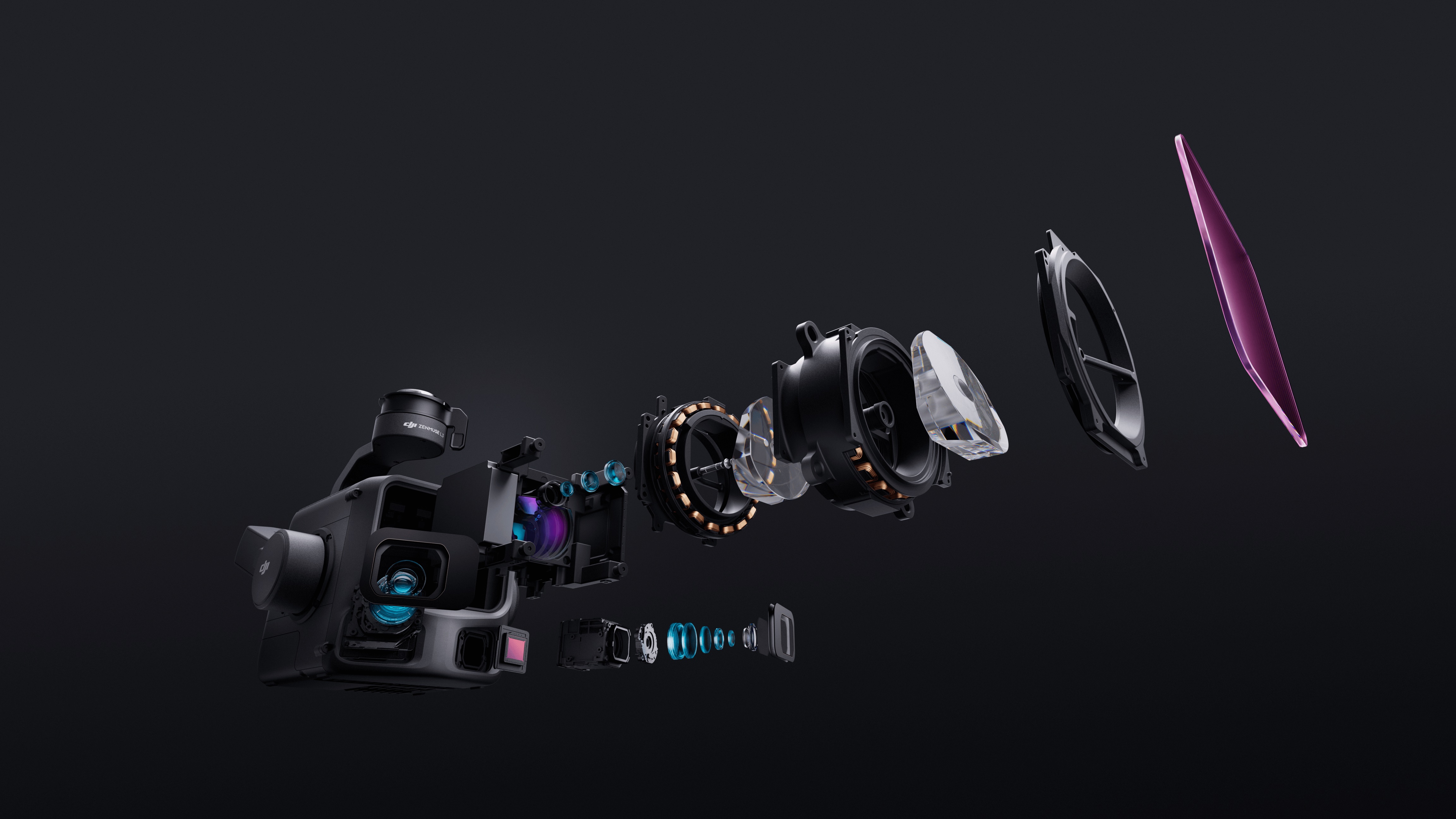 DJI Zenmuse L3 LiDAR payload exploded view showing internal laser scanner optics and sensor components