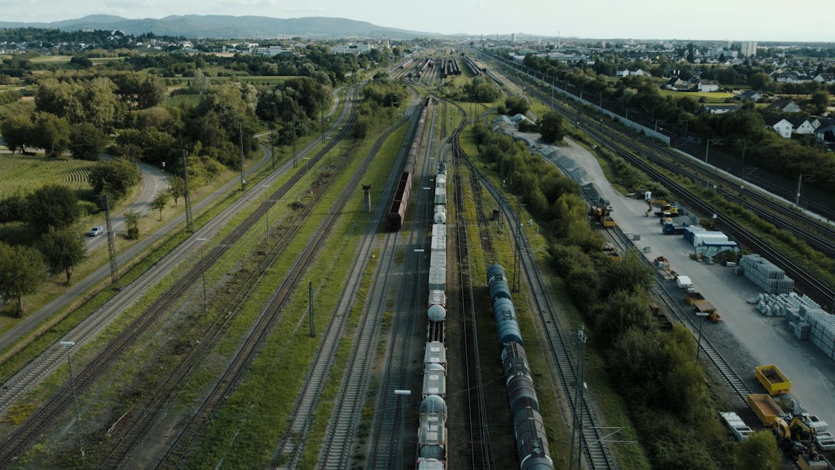 Aerial drone view of railway infrastructure in Germany — a typical linear asset for dock-based monitoring