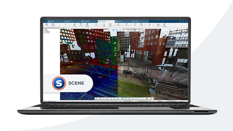 FARO SCENE point cloud processing software interface displayed on a laptop showing a colorized scan of an urban environment