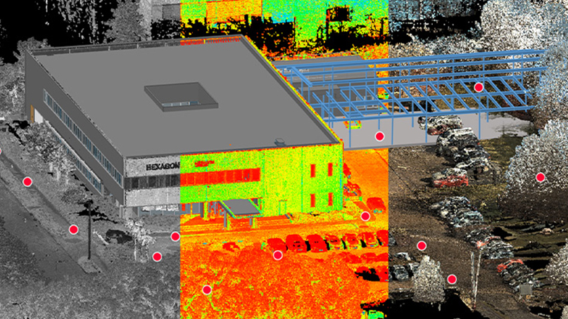 Colorized intensity point cloud of a commercial building and surroundings showing registration targets and LiDAR data accuracy