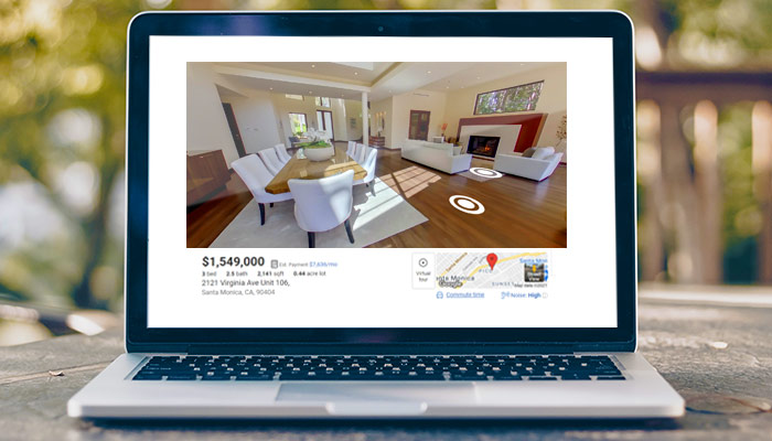 Kuula virtual tour embedded in a real estate listing on a laptop, showing a luxury home interior with property details and map