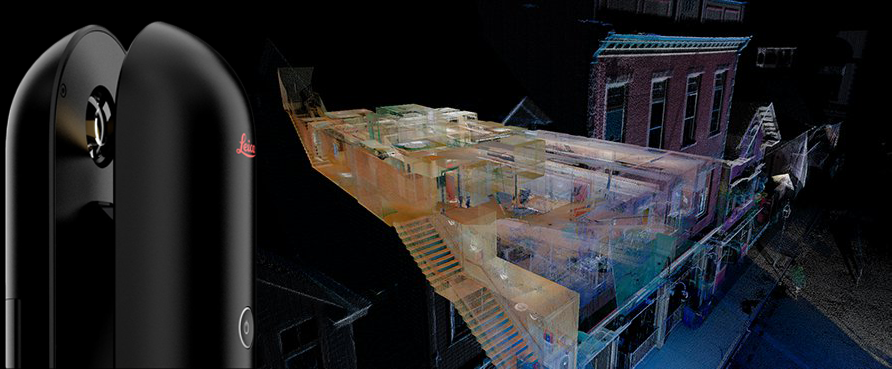 Leica BLK360 scanner set up in an office interior for documentation