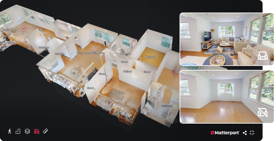 Matterport Defurnish feature showing a 3D dollhouse model alongside a furnished room photo, demonstrating virtual staging capabilities
