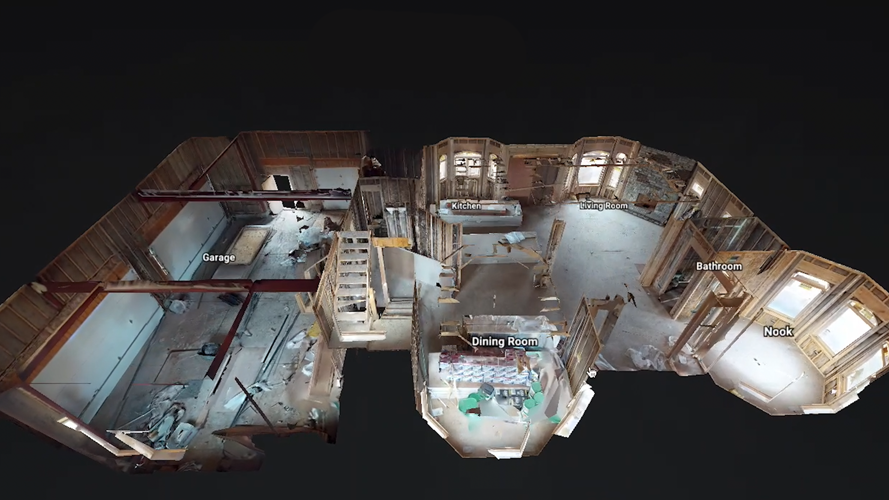 Matterport dollhouse view showing a bird's-eye 3D cutaway model of a residential property with room labels