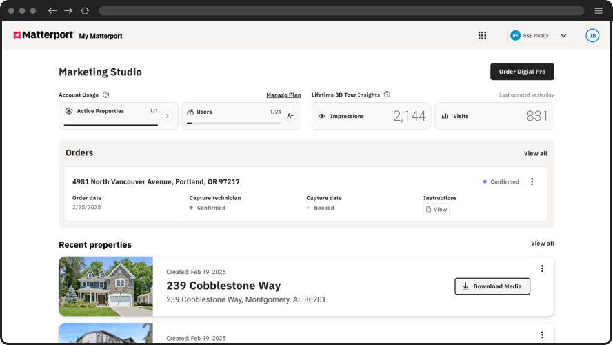 Matterport Marketing Cloud dashboard showing account usage, active properties, lifetime 3D tour insights with impressions and visits metrics