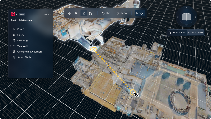 Matterport Merge feature interface showing a 3D aerial view of a large scanned facility with multiple scan points merged together