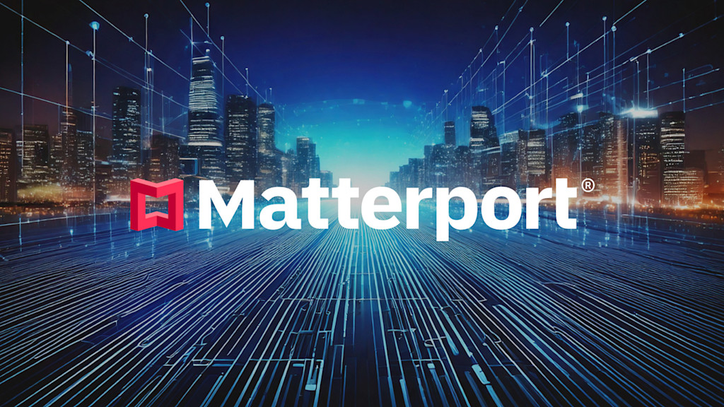 Matterport brand logo and digital cityscape banner representing the Matterport Cloud platform ecosystem