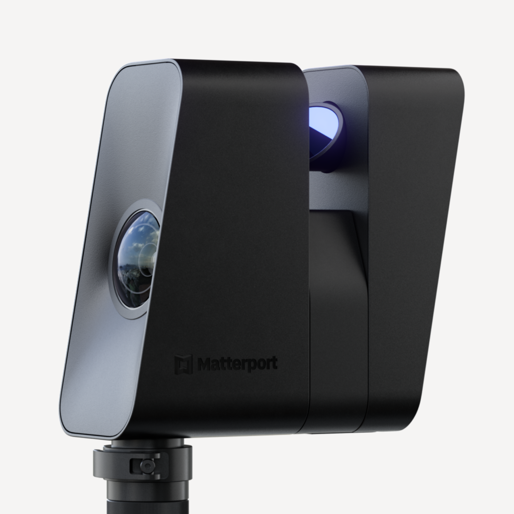 Matterport Pro3 3D camera shown from the side angle with visible LiDAR sensor and wide-angle lens on the Matterport branded body