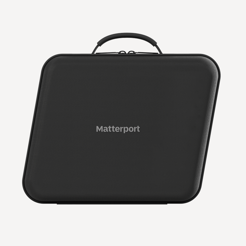 Matterport Pro3 black carrying case with Matterport branding, part of the camera equipment kit