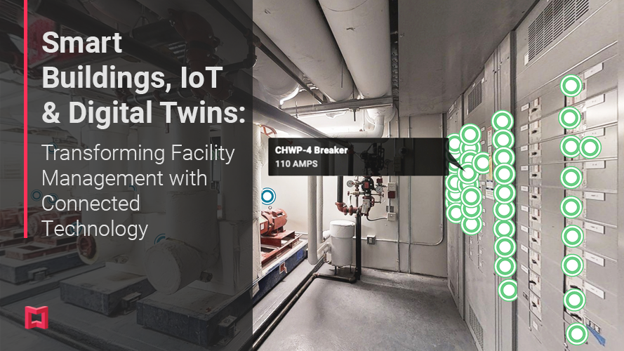 Smart Buildings IoT and Digital Twins header showing a 3D scan of a facility interior with connected IoT sensor overlay