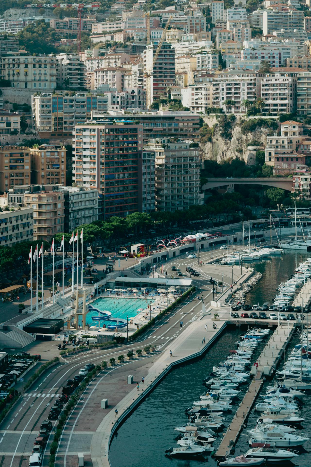Aerial view of Monaco harbor and the waterfront road that forms part of the Grand Prix street circuit