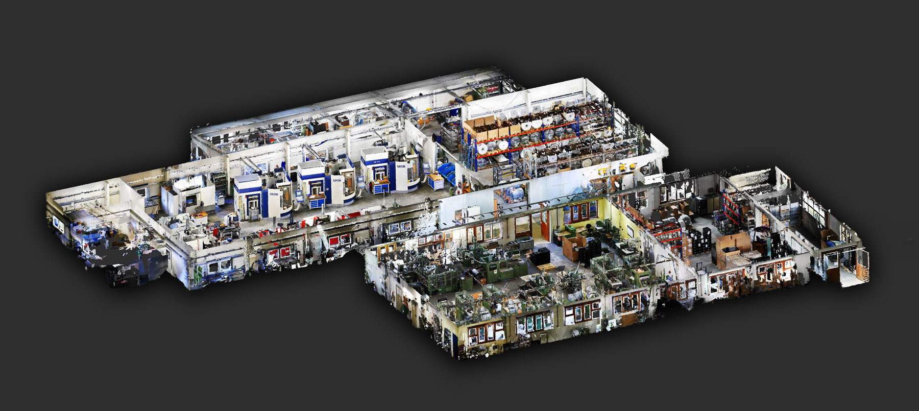 Isometric dollhouse view of a large facility point cloud showing the type of 3D scan data stored in E57 and LAS file formats