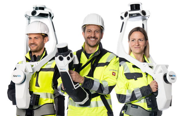 NavVis VLX3 product view — a professional SLAM scanner featuring dual LiDAR sensors and IMU for precise indoor mapping