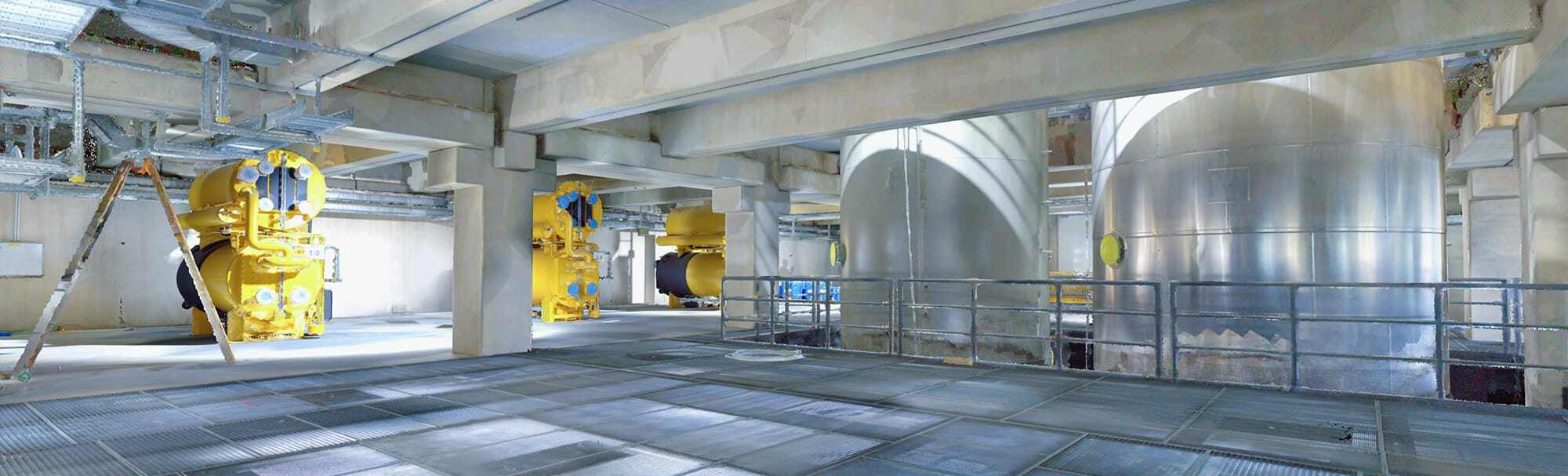 Isometric dollhouse view of a large facility point cloud