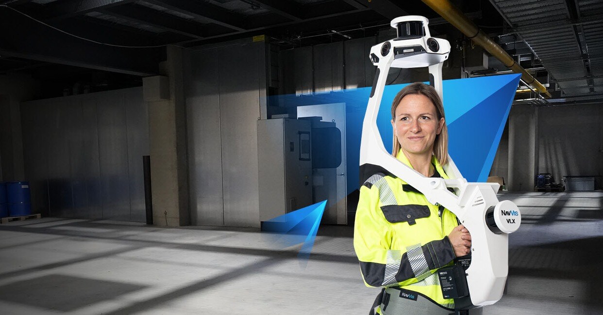 NavVis VLX3 wearable mobile mapping system — captures large interior areas at walking pace, producing panoramic imagery and point clouds