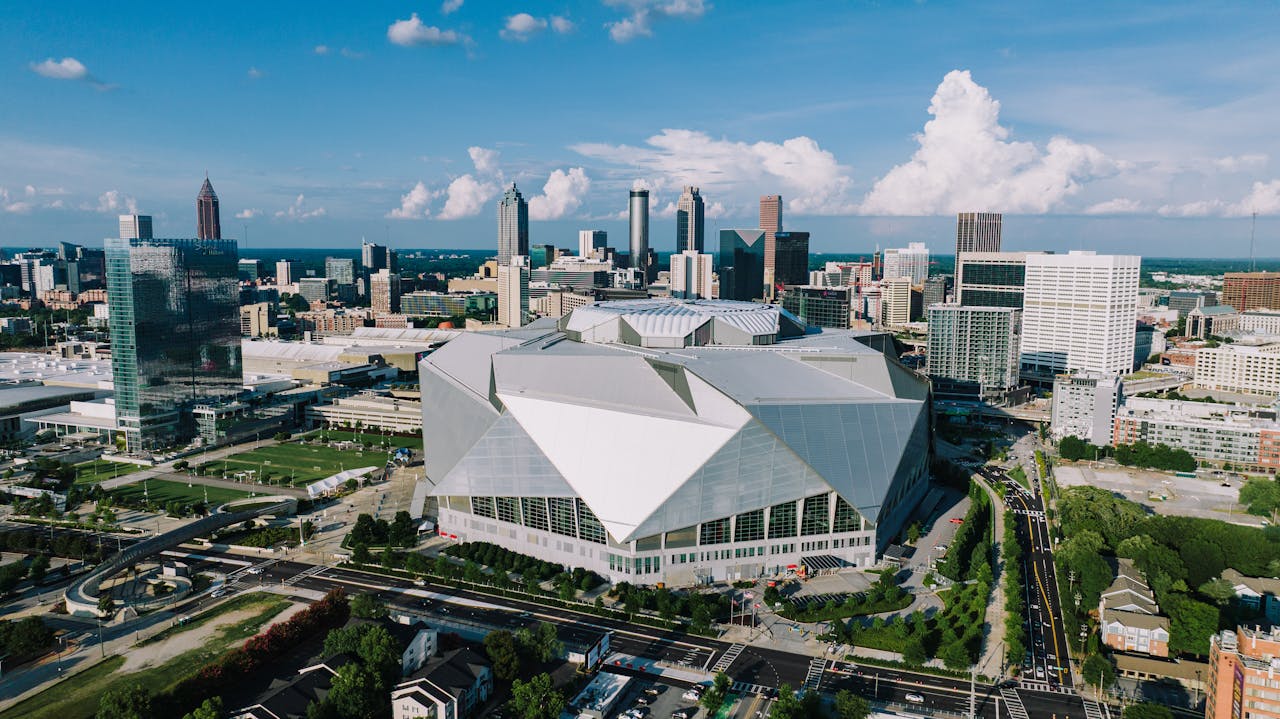 Aerial view of Mercedes-Benz Stadium — a modern sports venue representative of Olympic-scale facilities requiring 3D documentation