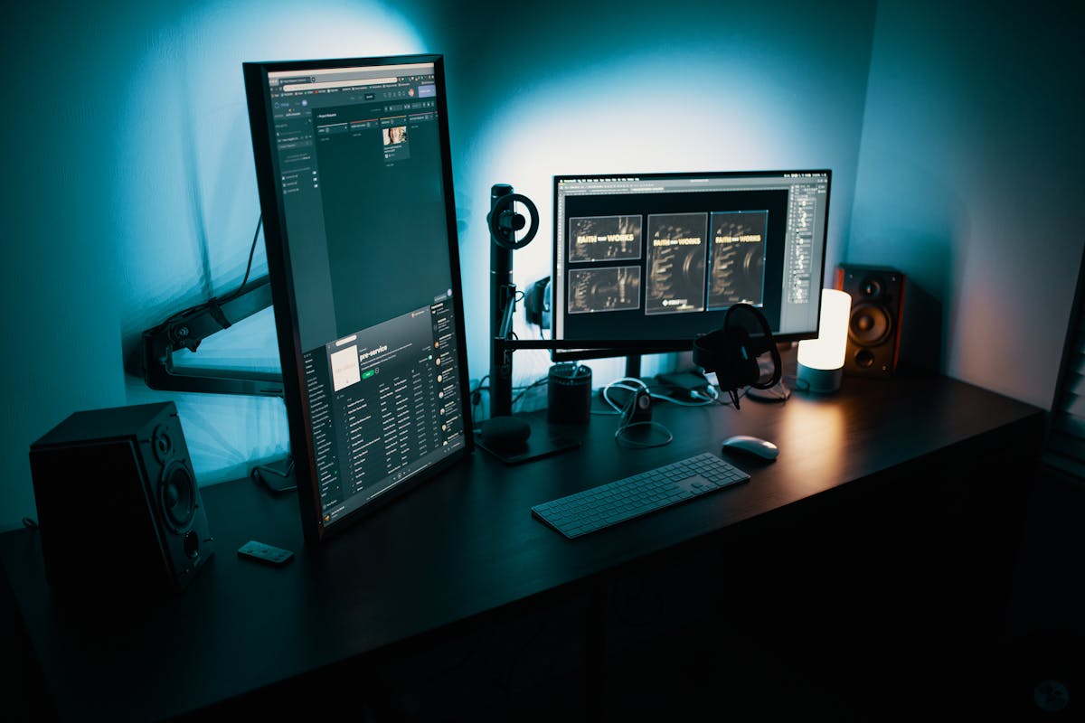 Professional dual-monitor workstation setup for data processing and 3D modeling work