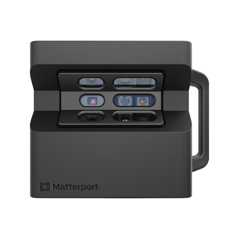 Matterport Pro2 camera front view showing the multi-sensor array and Matterport branding