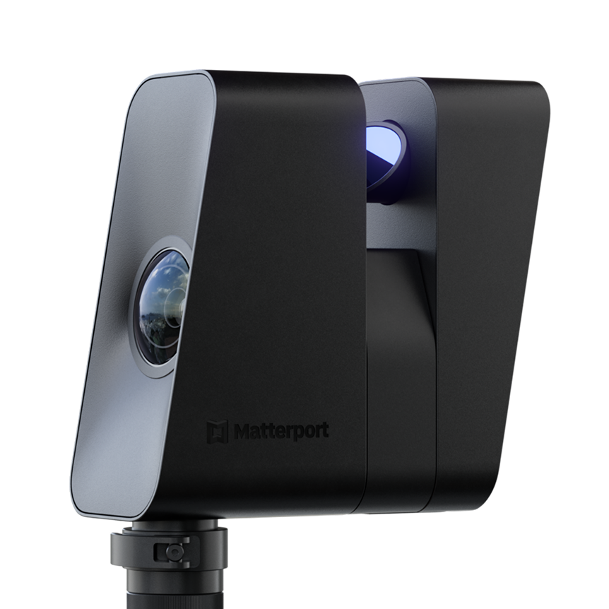 Matterport Pro3 camera side view showing the sleek design and Matterport branding