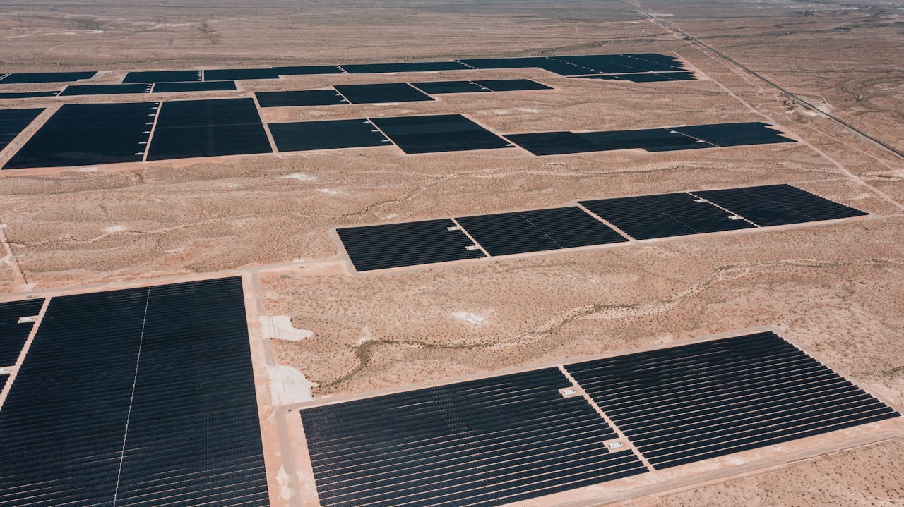 Solar farm aerial view — representative of energy assets monitored by dock-based drones