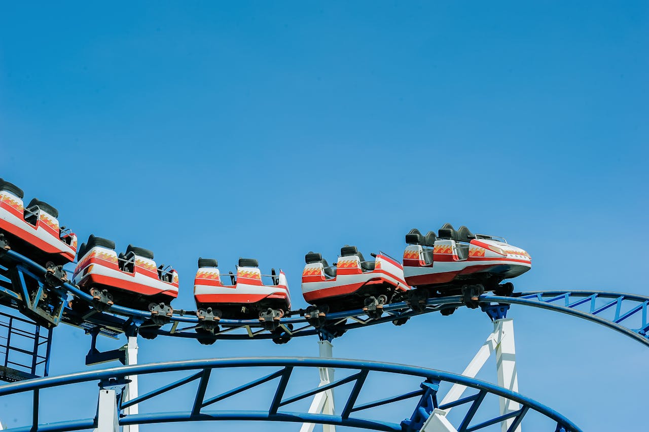 Roller coaster track and cars at an amusement park — the complex ride structures that 3D scanning documents for safety and maintenance