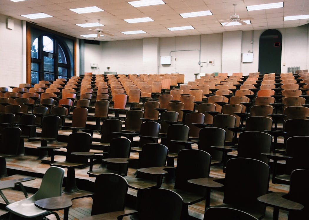 University lecture hall with tiered seating